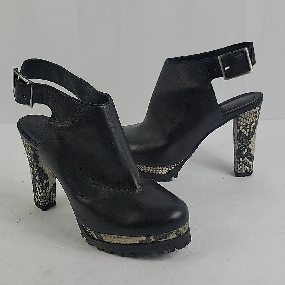 AllSaints Sarris Black White Snakeprint Platform Slingback Booties